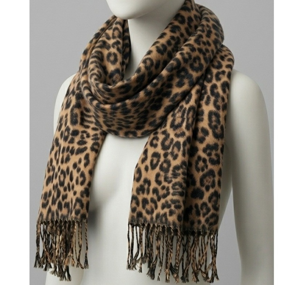 Steve Madden Leopard Print Scarf Biscotti Tan Black Fringe NWT